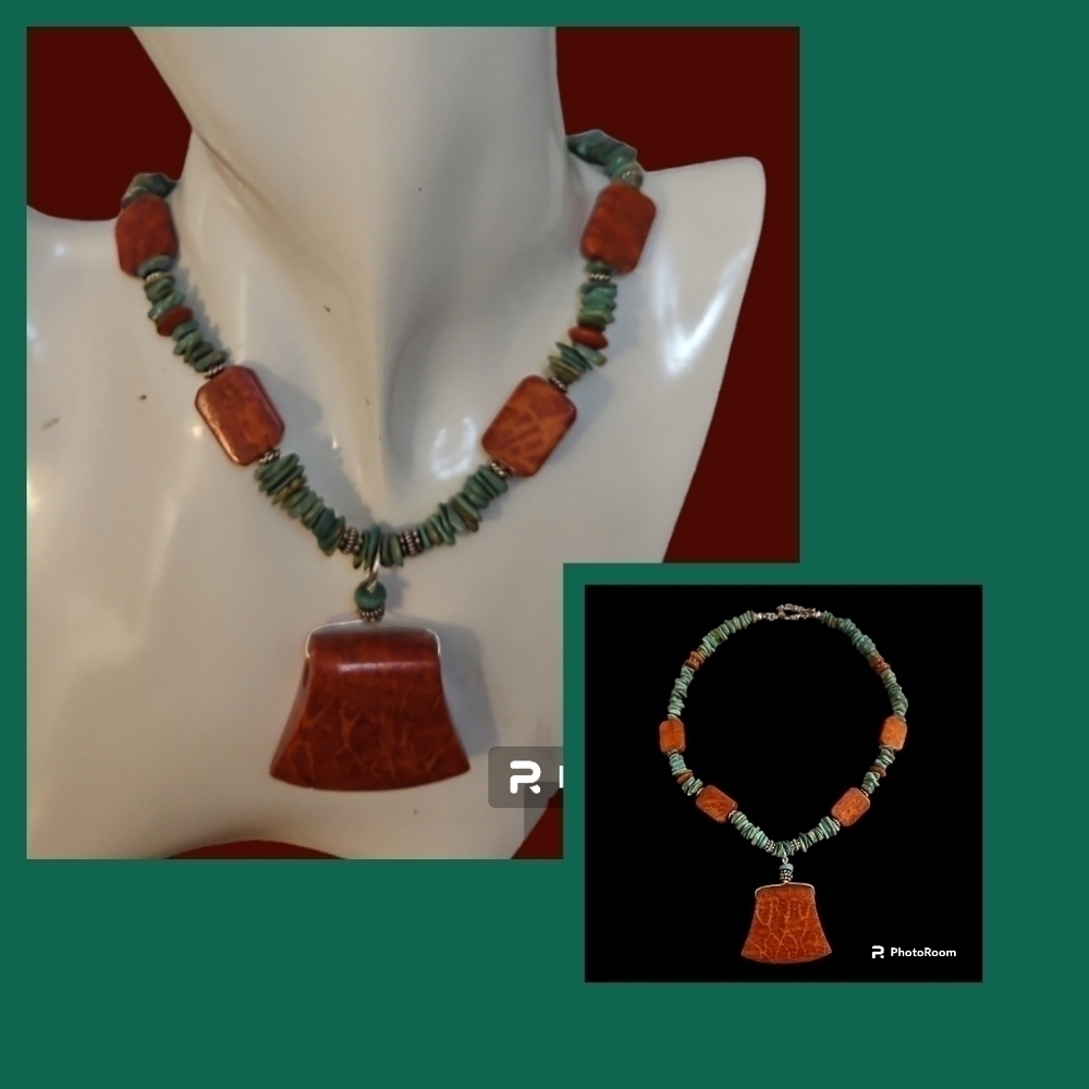 Vintage HANDMADE Coral and Turquoise Beaded Pendant Necklace